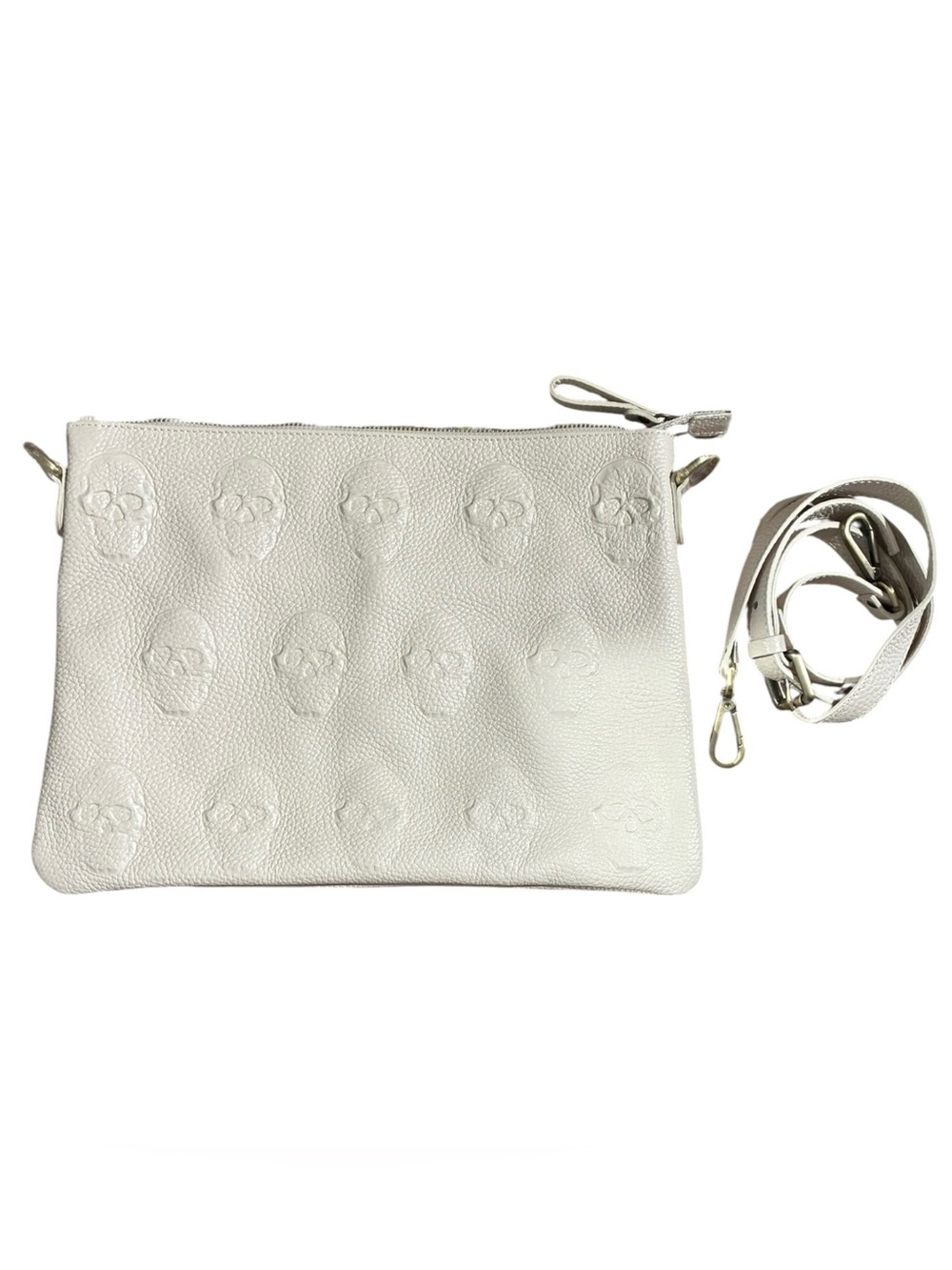 IO Pelle Cream Embossed Skull Leather Crossbody Bag with Detachable Strap